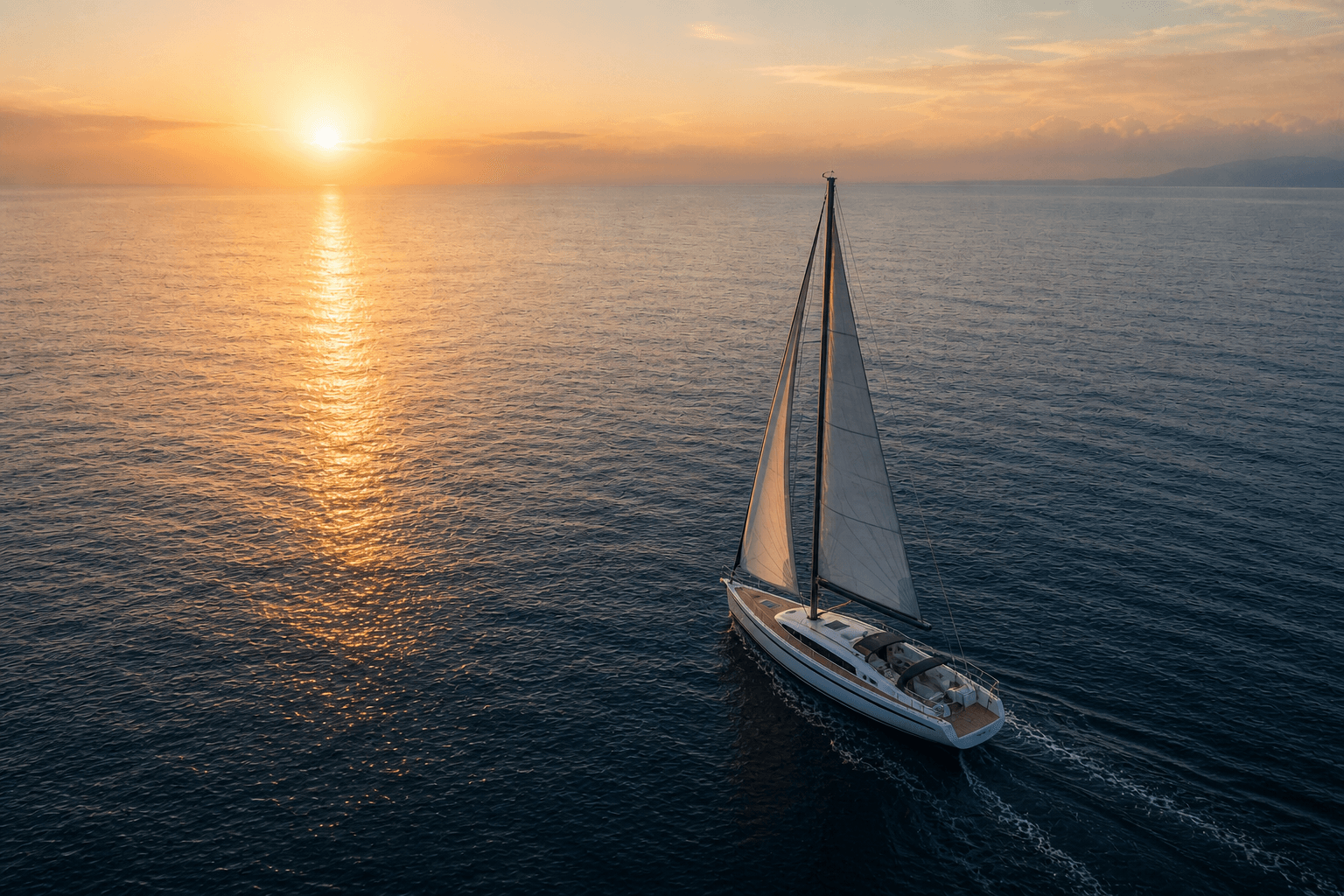 Sailing yacht underway on open water at sunset
