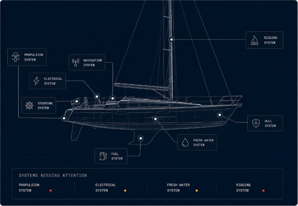 Sailboat systems schematic showing propulsion, electrical, fresh water, fuel, rigging, steering, navigation, and hull systems.